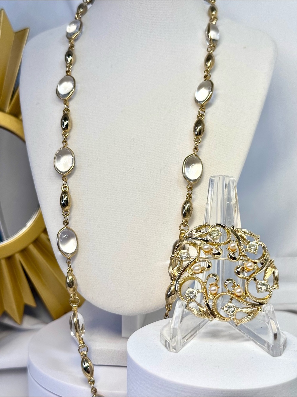 Clear Beaded Necklace Goldtone - Sarah Coventry Brooch and Golden Leaf Brooch